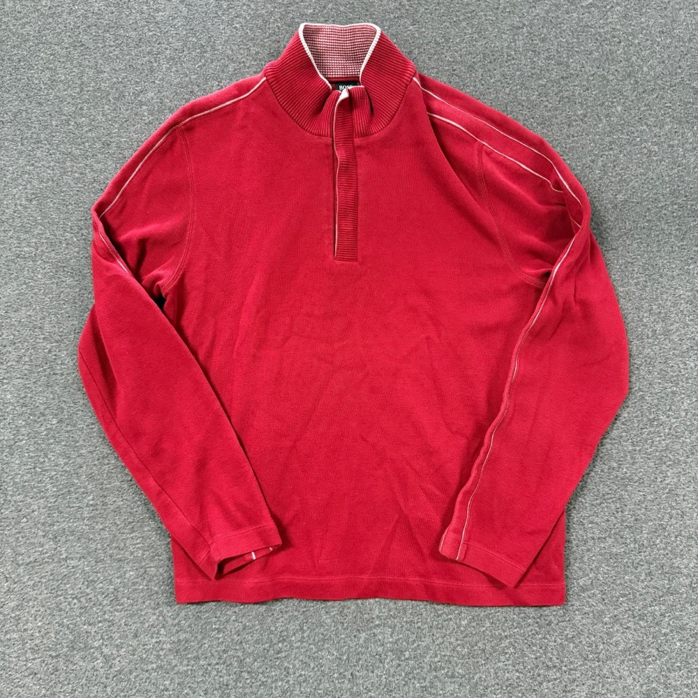 Adult Hugo Boss Quarter Zip Pullover Mens M Red Good Ribbed Mock Neck Piping